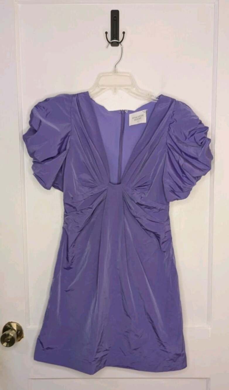 Tuckernuck Hyacinth House Tinsley Mini Dress Purple Puff Sleeve V-Neck Sz XS